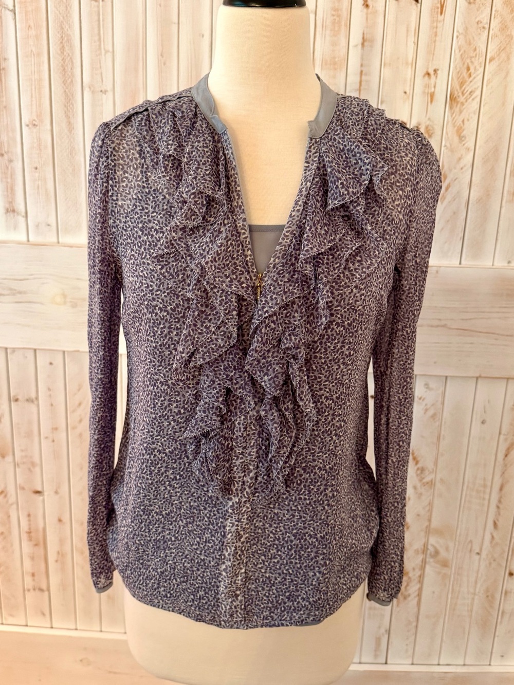 Tori Burch, silk Ruffled Long-Sleeve Women's Top in Charcoal Gray